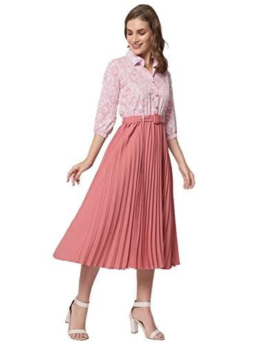 otabu women's print 3/4 sleeve pleated midi dress with belt peach