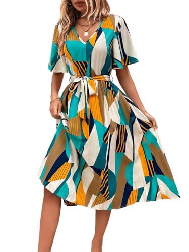 otabu women a-line knee-length dress with pleats, has an v-neck, printed top comes with a belt yellow, x-large