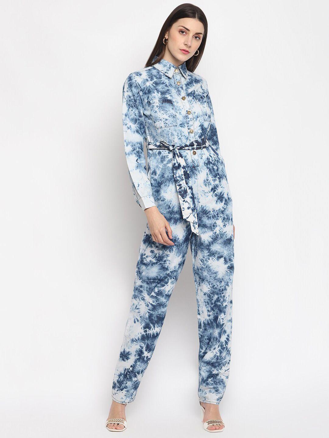 otorva women blue & white cotton printed basic jumpsuit