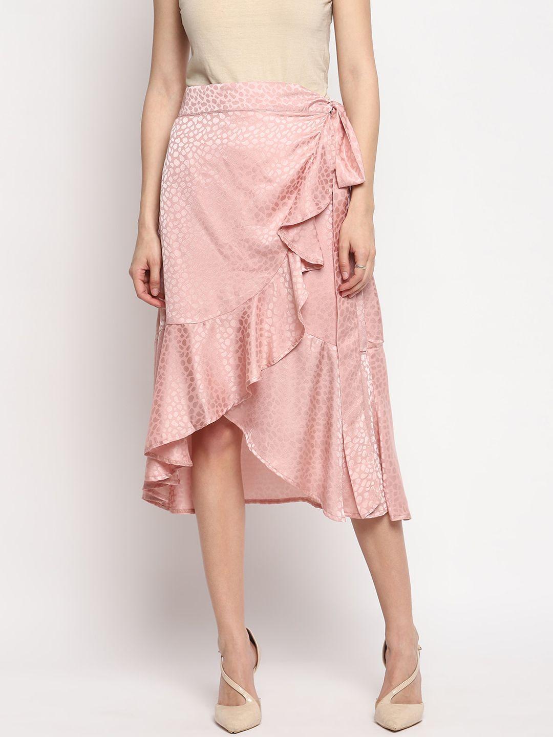 otorva women pink cotton printed wrap midi skirt