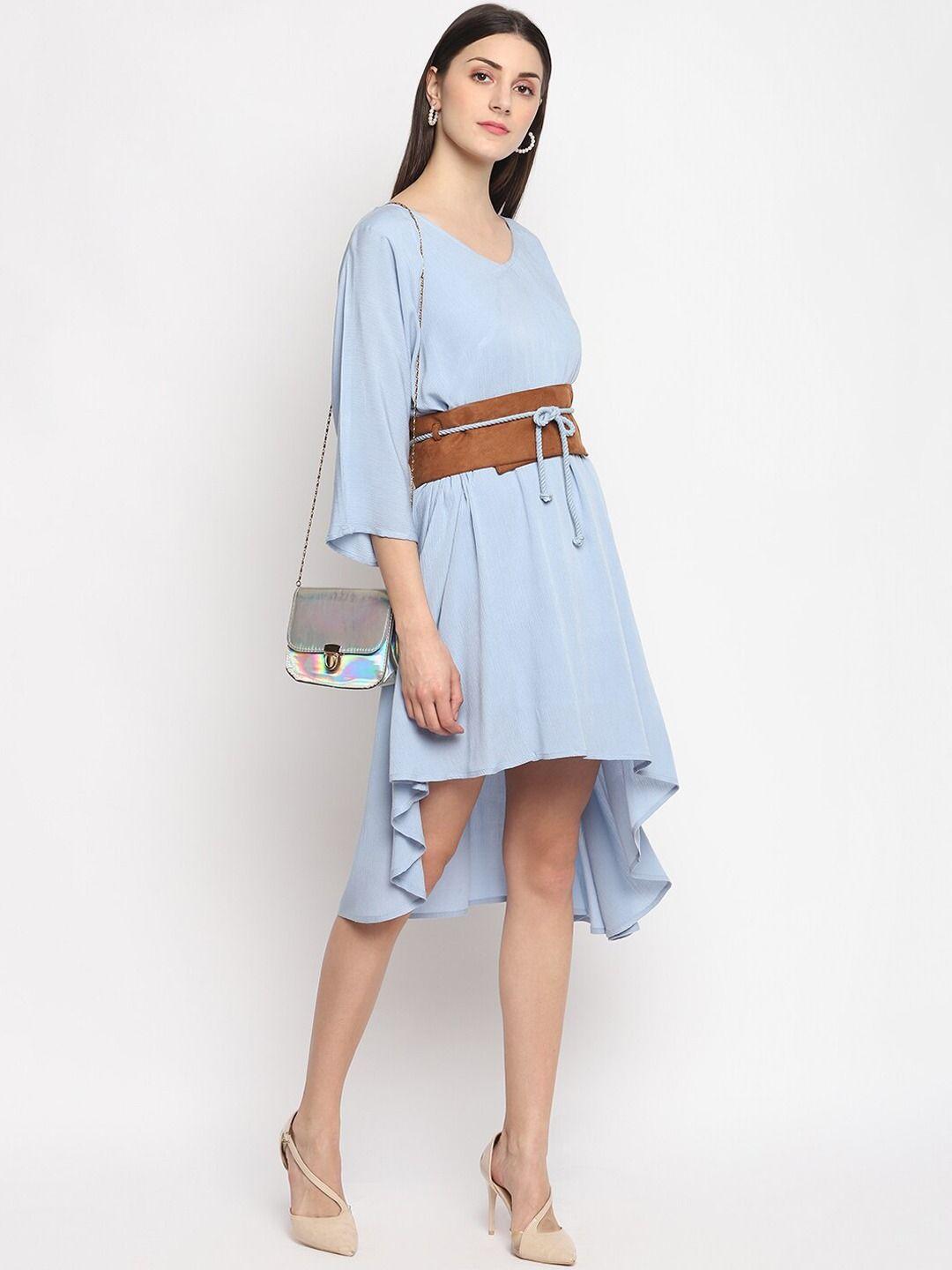 otorva blue crepe a-line dress with belt