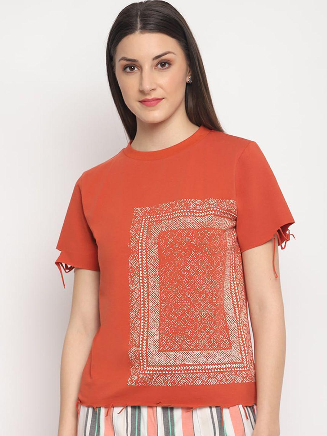 otorva women  orange cotton printed round neck t-shirt