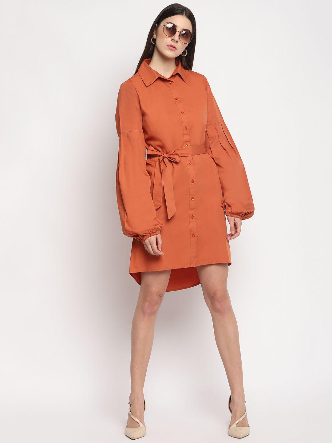 otorva women  rust orange pure cotton solid shirt dress with belt