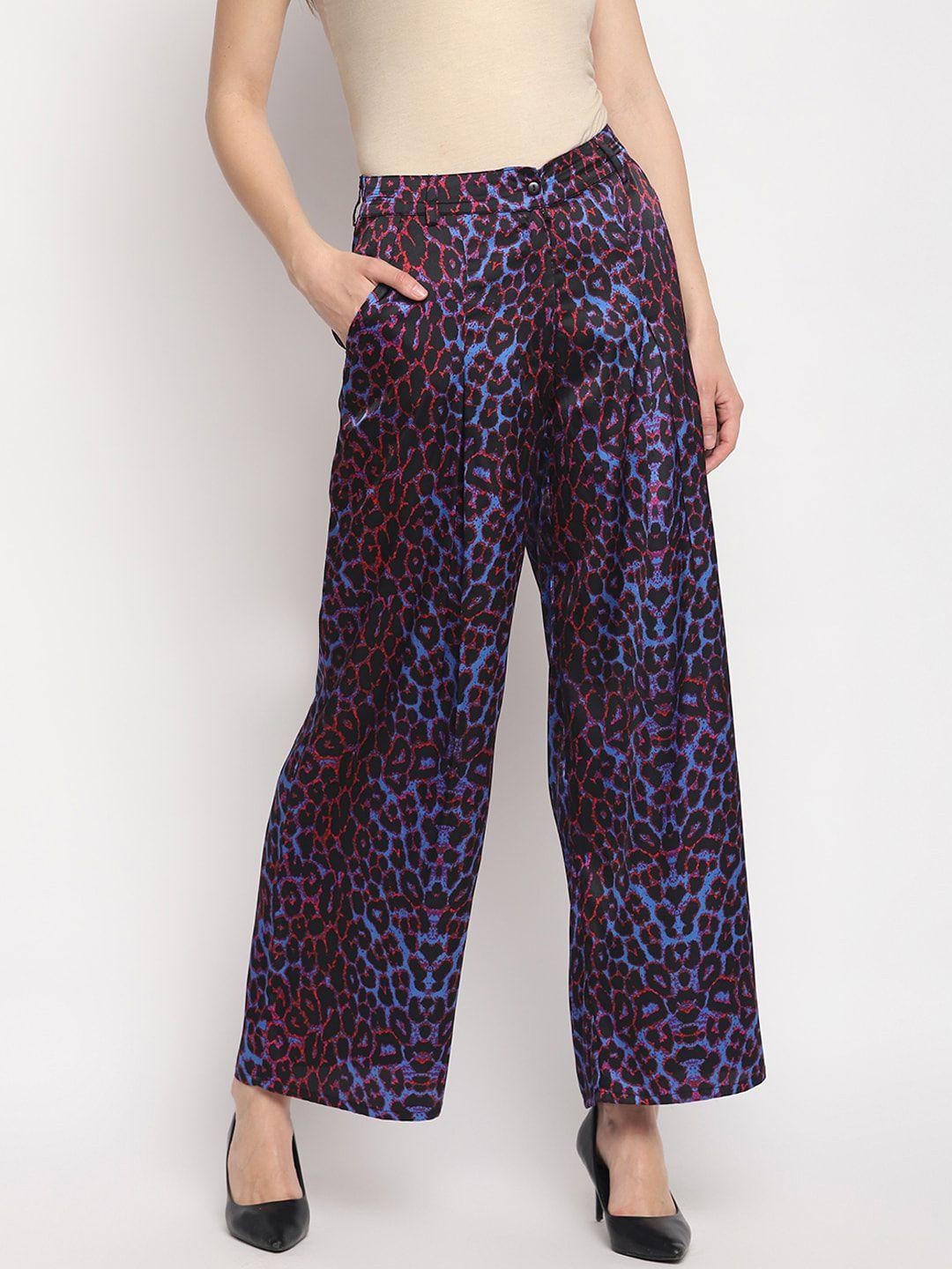 otorva women blue & red straight fit animal printed parallel trousers