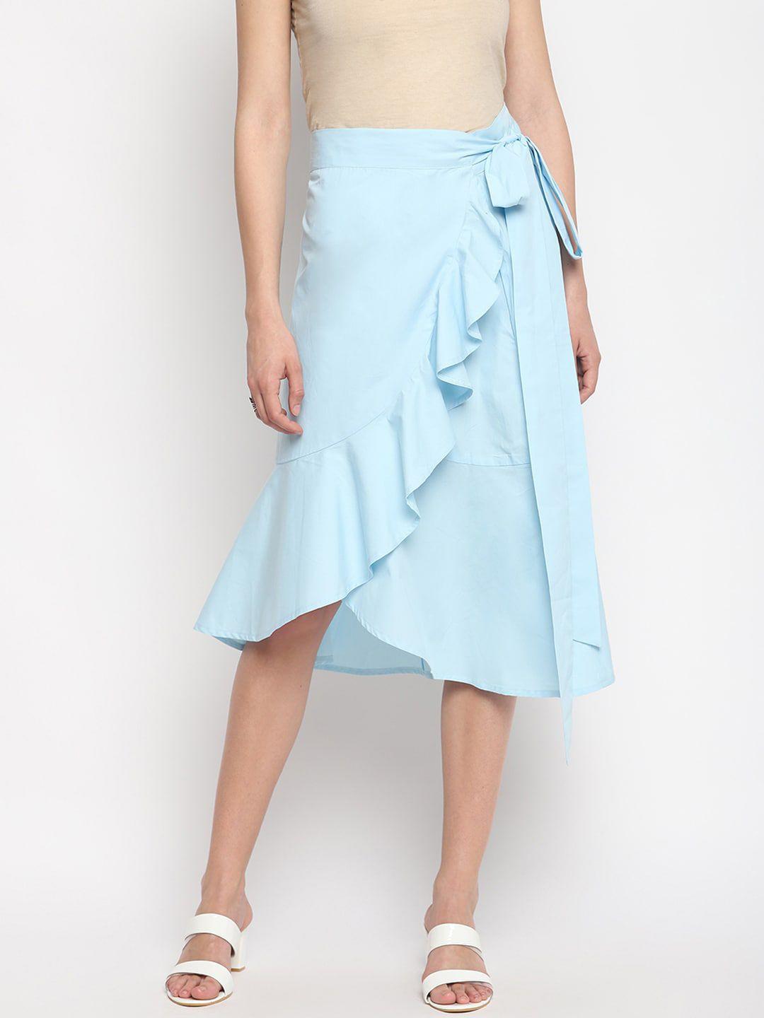 otorva women blue cotton solid tulip midi skirt