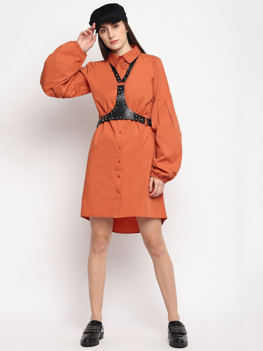 otorva women cotton  rust orange solid shirt dress belt