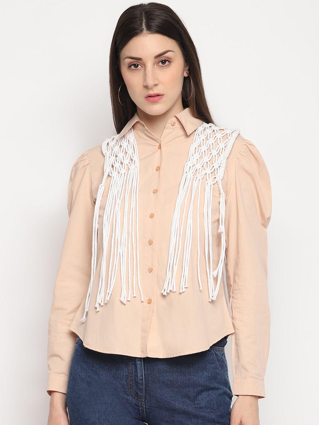 otorva women cotton beige regular fit solid casual shirt