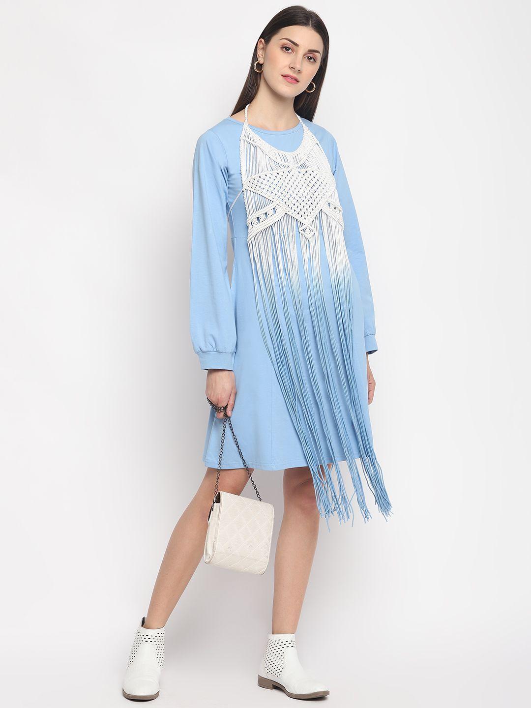 otorva women cotton blue solid a-line dress with macrame accessory