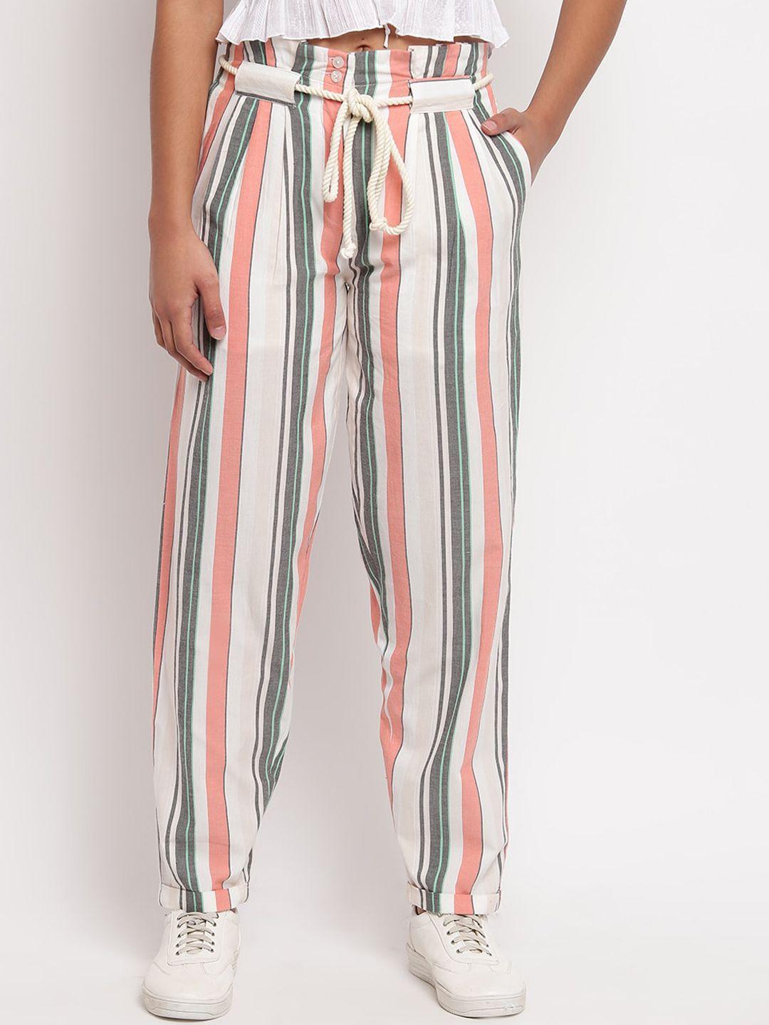 otorva women multicoloured striped straight fit parallel trousers