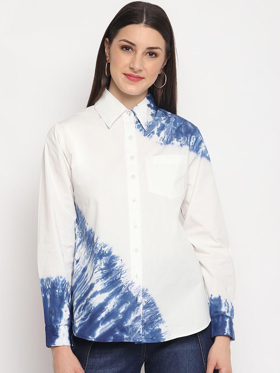 otorva women rayon  blue white regular fit printed casual shirt