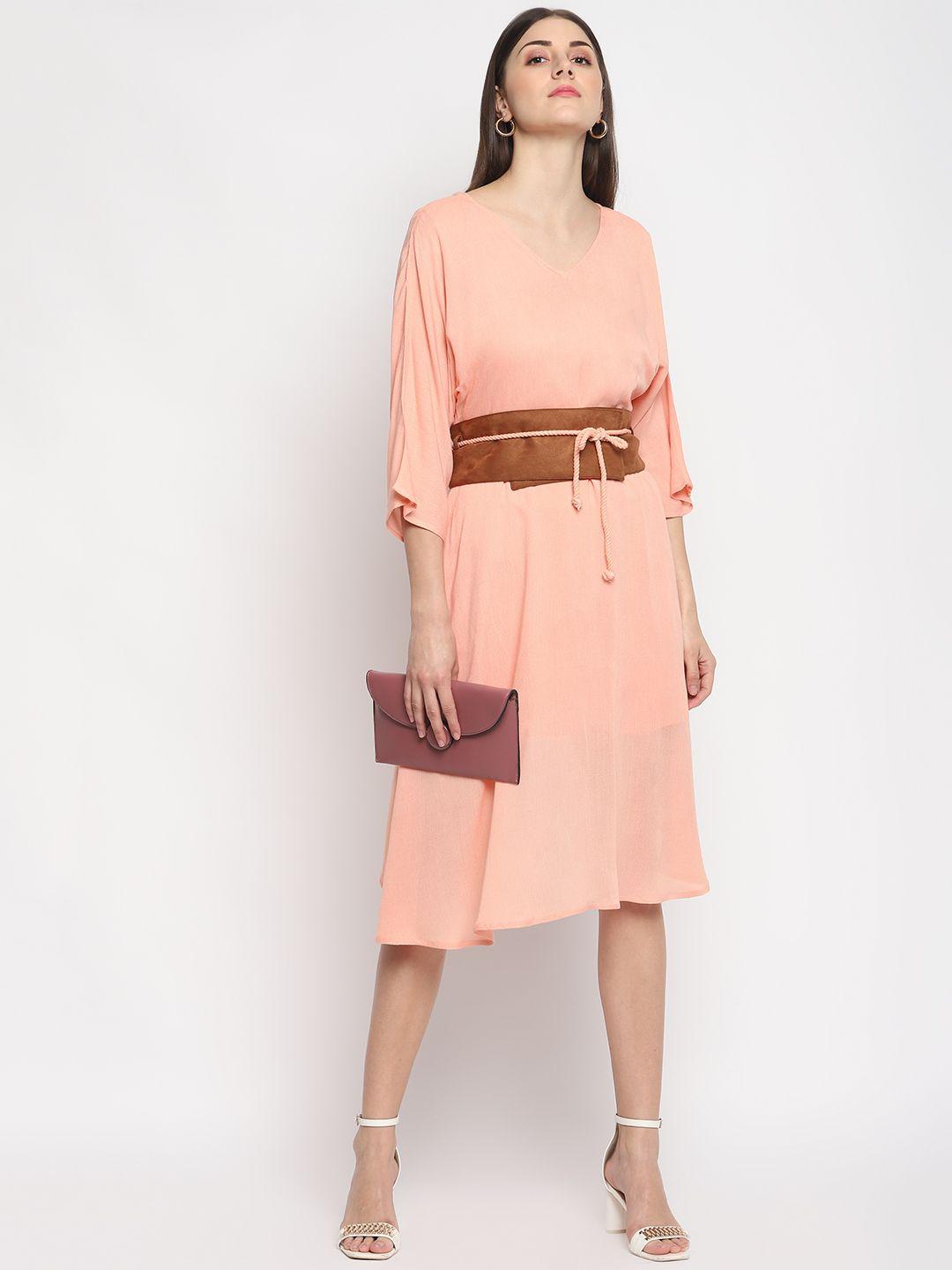 otorva women rayon peach-coloured solid fit and flare dress with belt