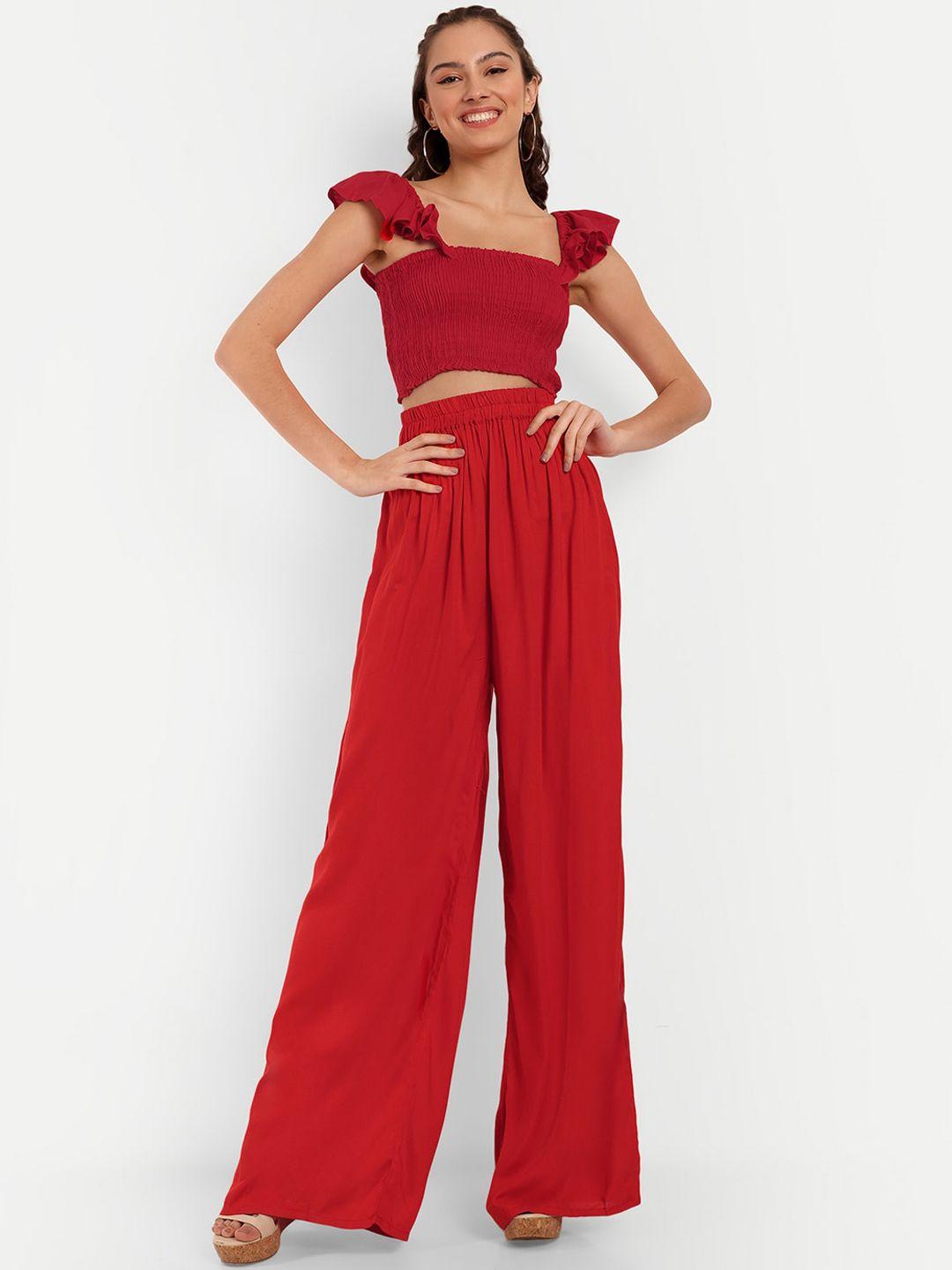 otorva women red loose fit high-rise parallel trousers