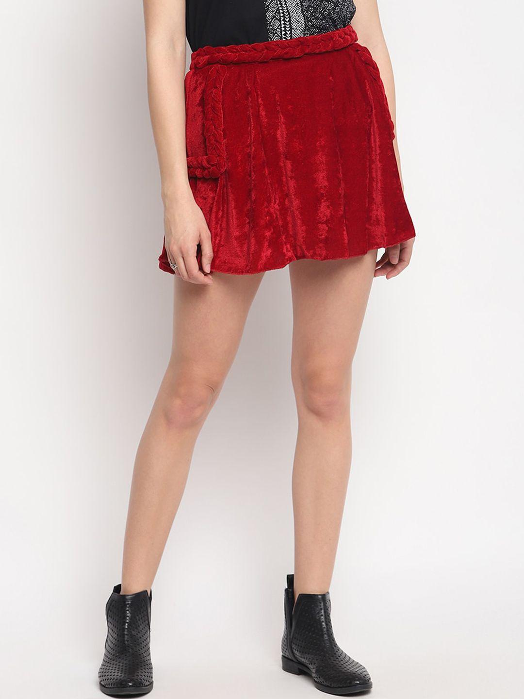 otorva women velvet  red solid mini flared skirt