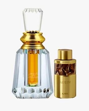 oudh mukhallat concentrated perfume oil oriental oudhy alcohol-free attar for unisex and aurum concentrated perfume oil fruity floral alcohol-free attar for women + 2 parfum testers