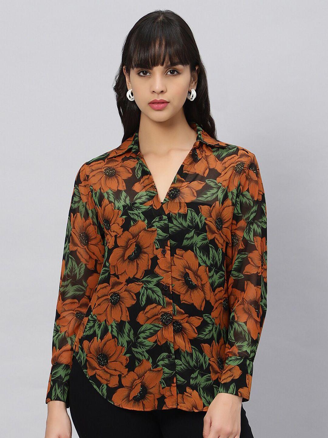 oui floral printed comfort oversized fit georgette casual shirt