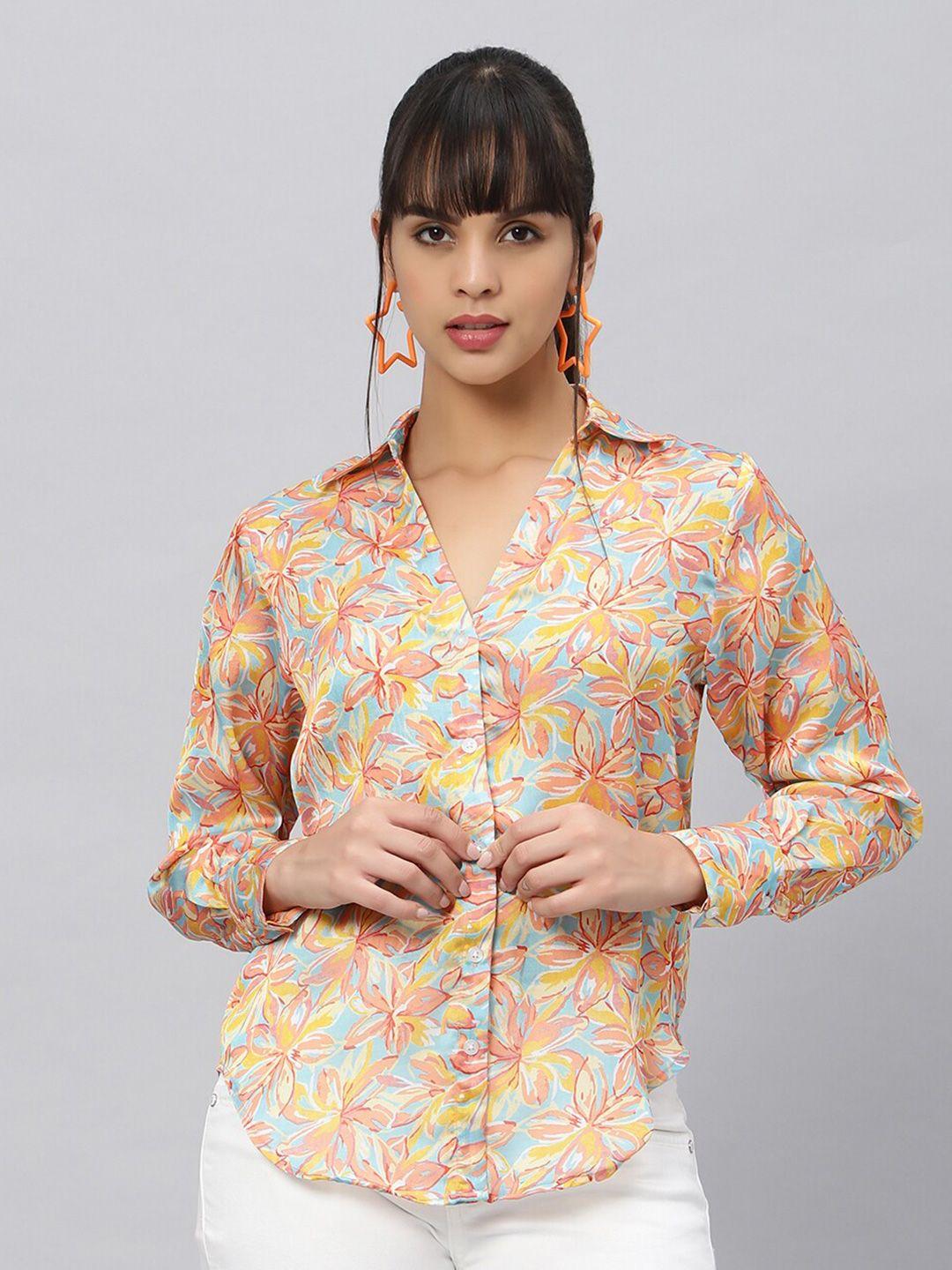 oui comfort floral opaque printed satin oversized casual shirt