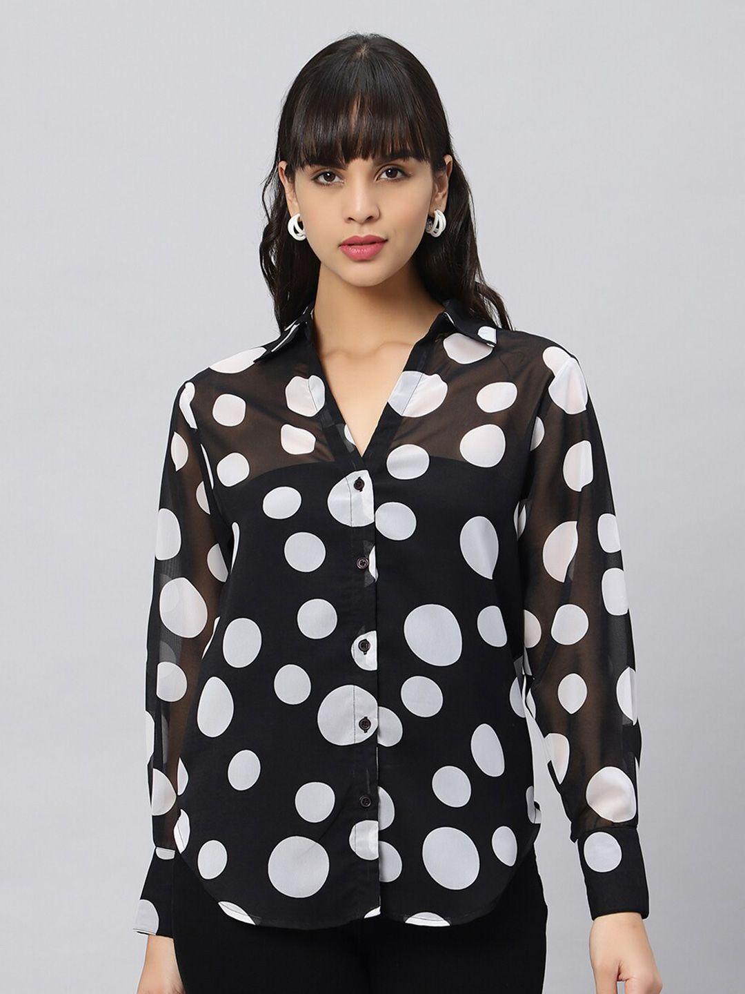 oui comfort oversized polka dots printed spread collar monochrome casual shirt