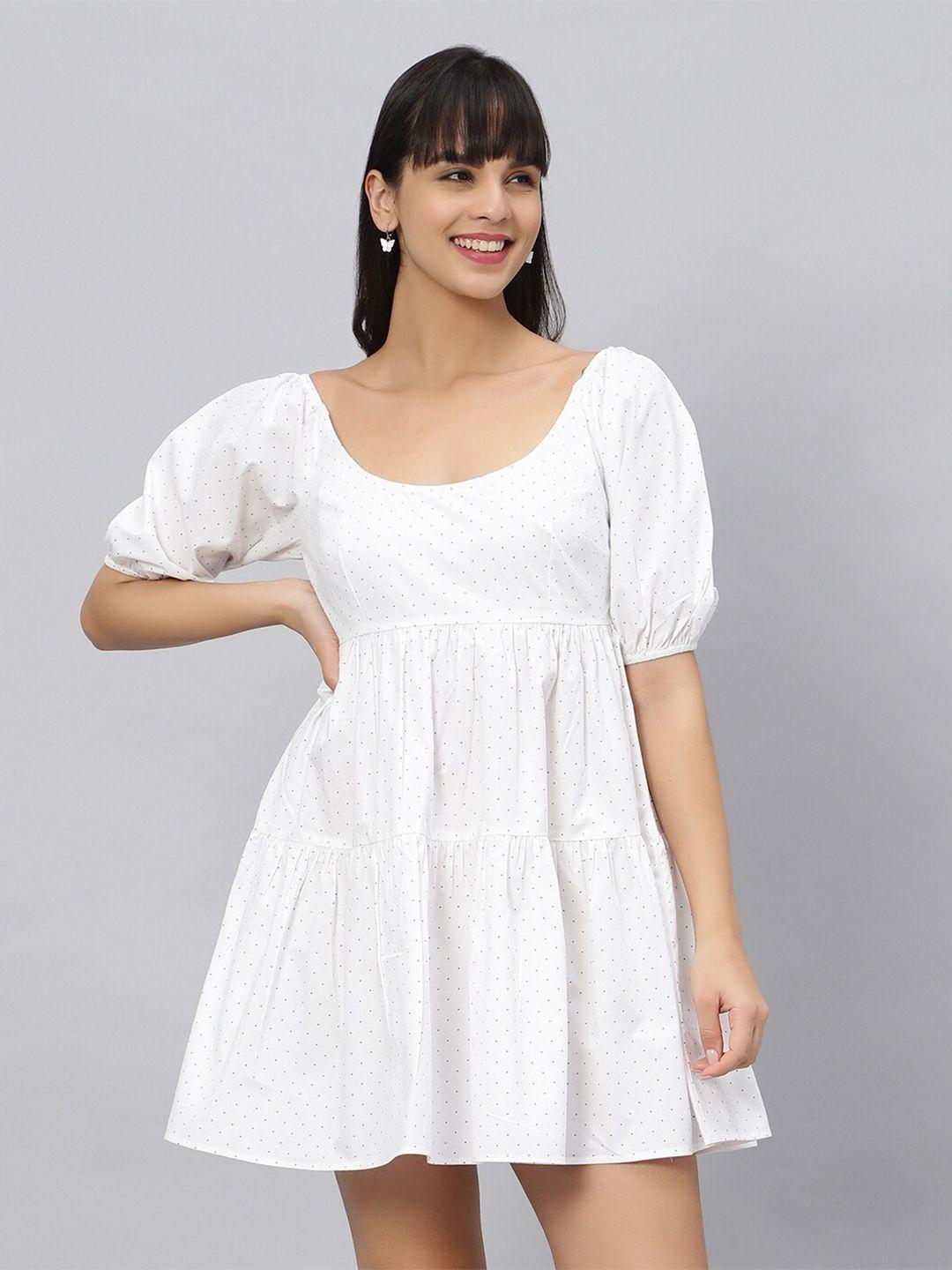 oui polka dots printed puff sleeves pure cotton tiered  empire dress