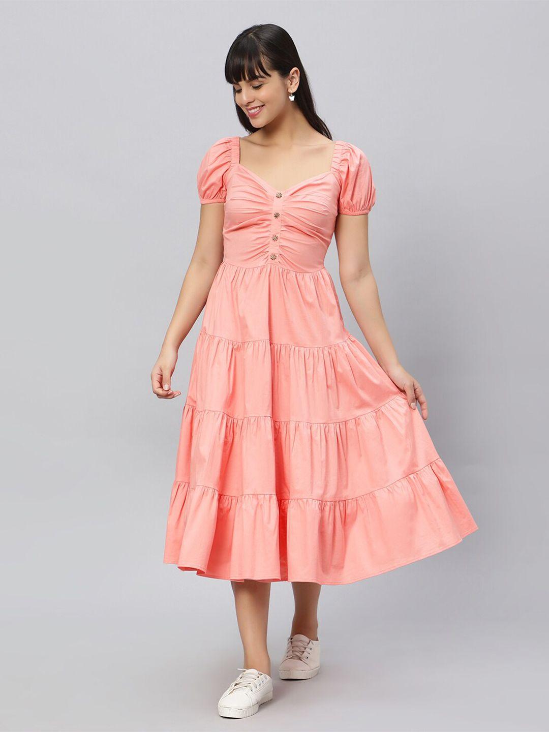 oui sweetheart neck puff sleeves fit & flare midi dress