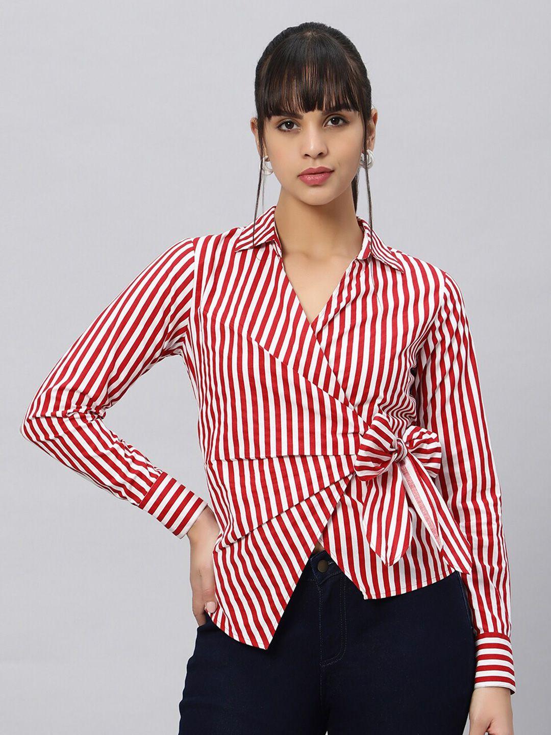 oui vertical striped shirt collar bow tie-up cotton shirt style top