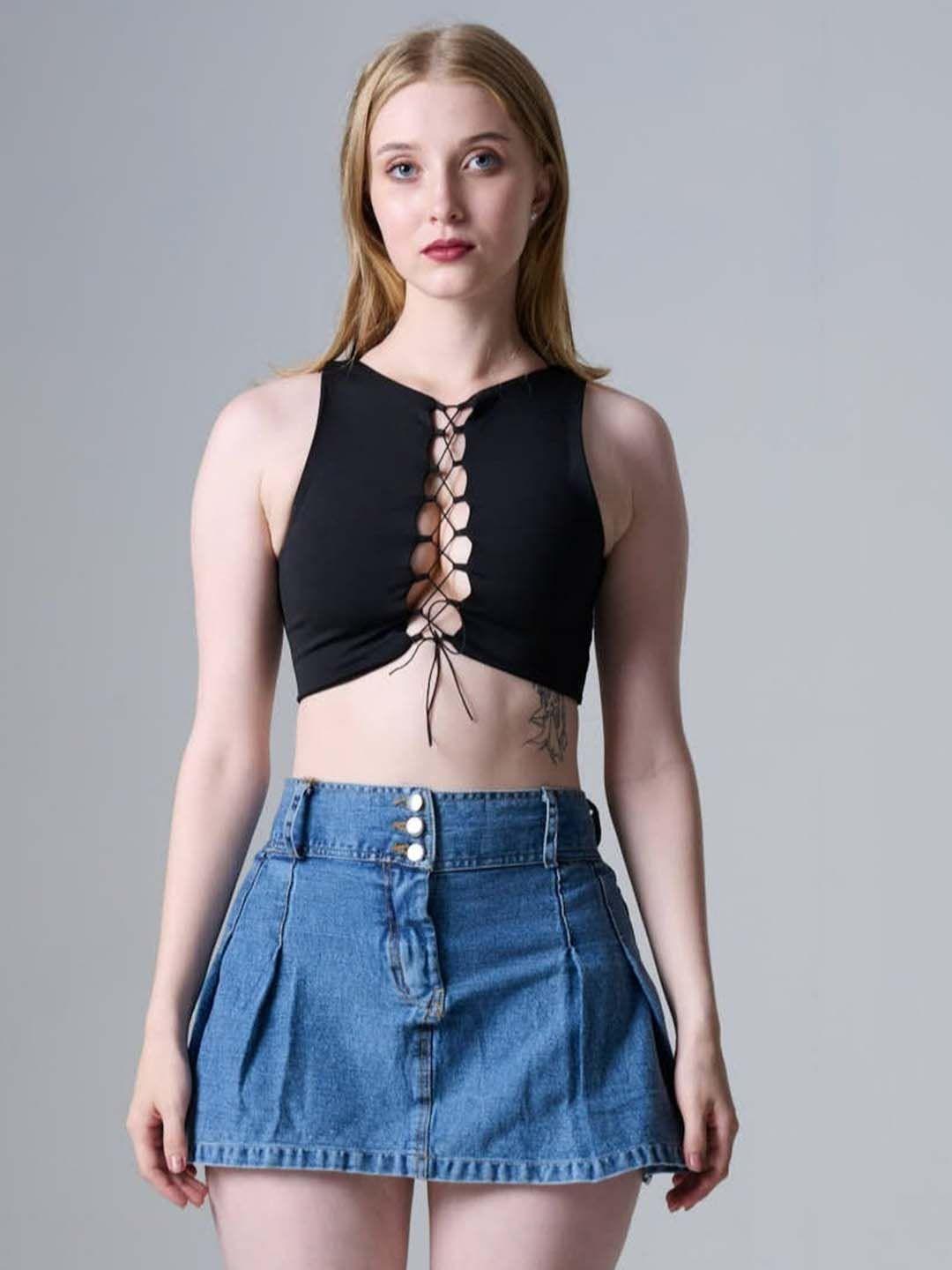 outcast tie up neck crop fitted top