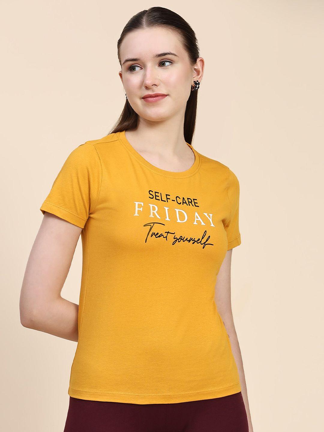 outflits women mustard yellow typography printed extended sleeves t-shirt