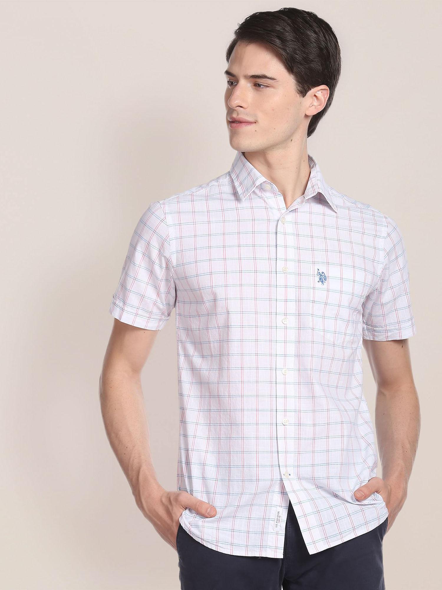 outline check short sleeve casual shirt