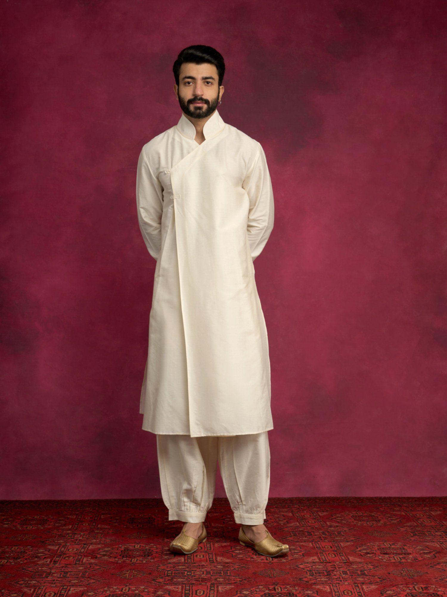 overlap asymmetrical kurta paired with pathani pants-cream (set of 2)