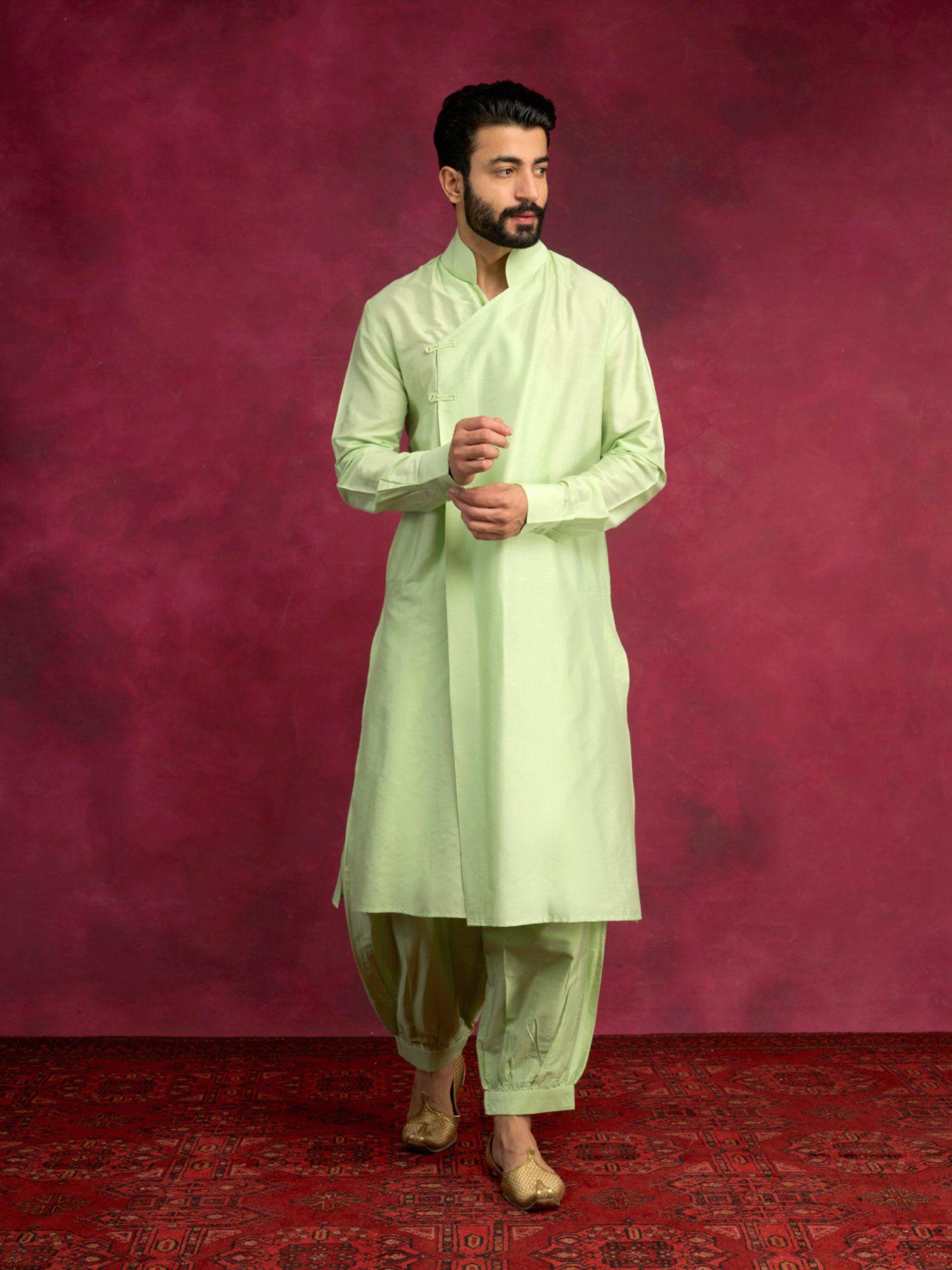 overlap asymmetrical kurta paired with pathani pants-pistachio green (set of 2)