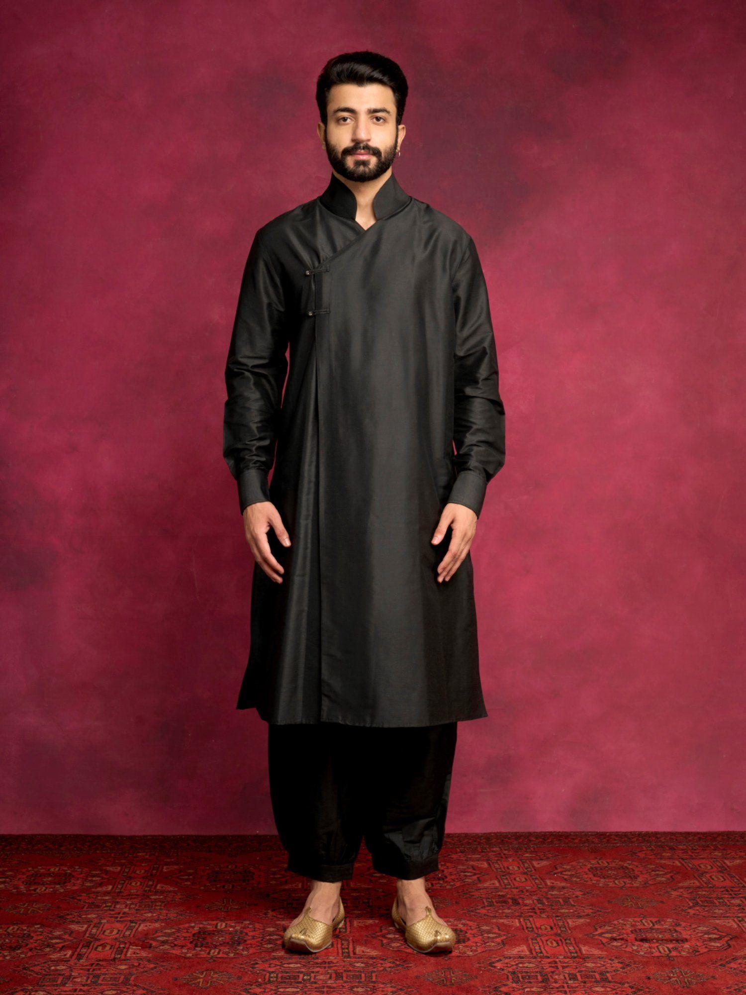 overlap asymmetrical kurta paired with pathani pants-rich black (set of 2)
