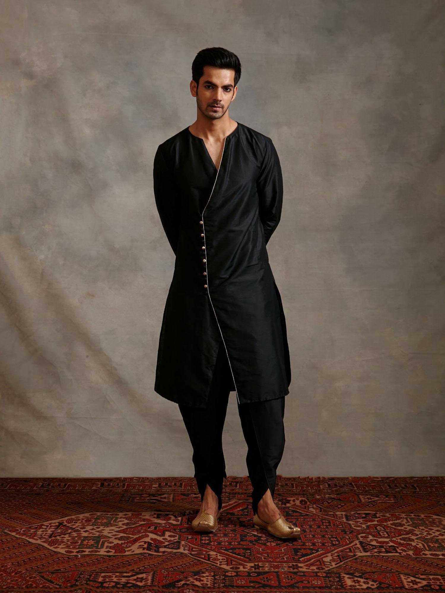 overlapped buttoned down kurta metallic black