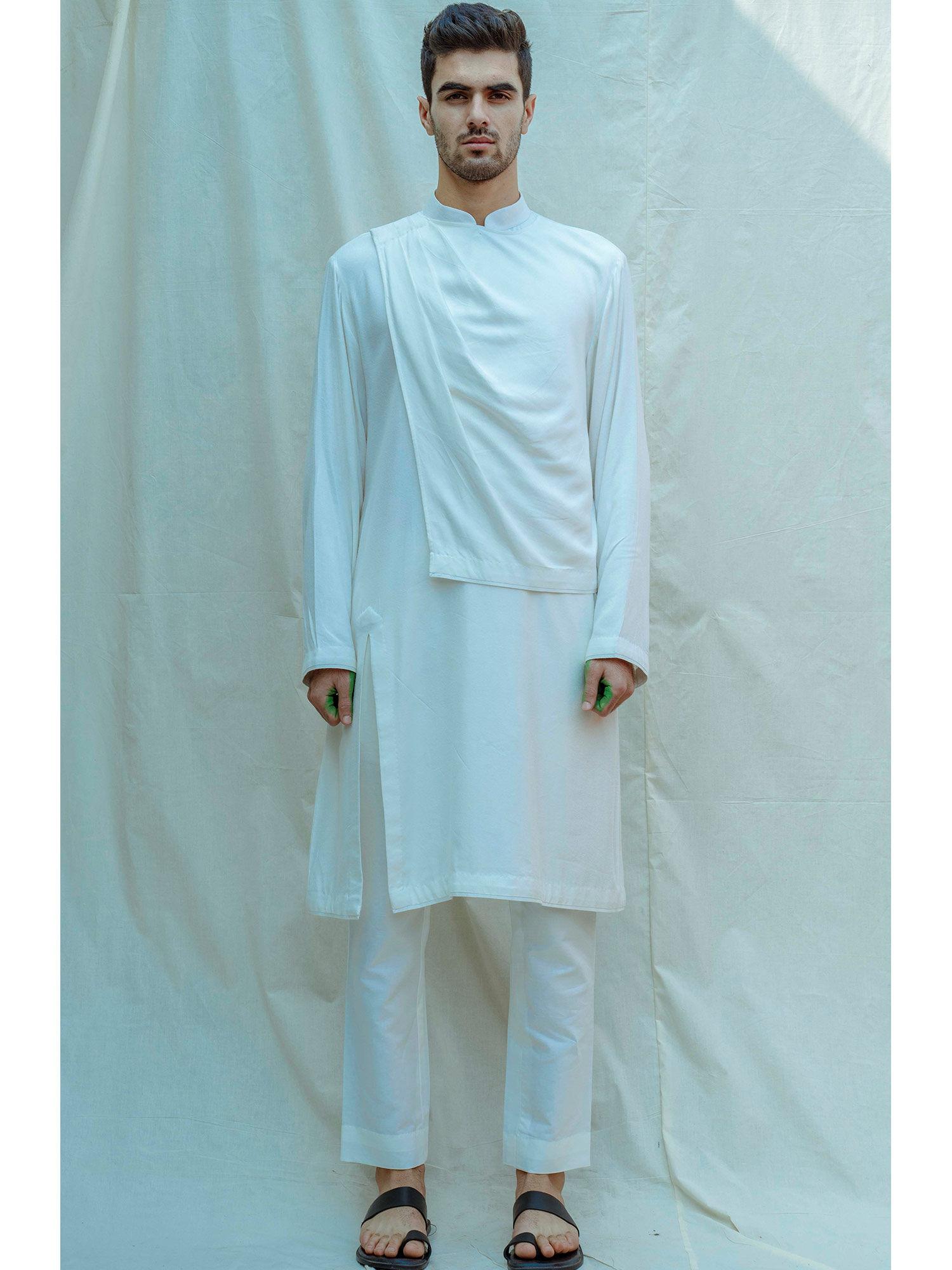 overlapped cowl kurta with pajama in white (set of 2)