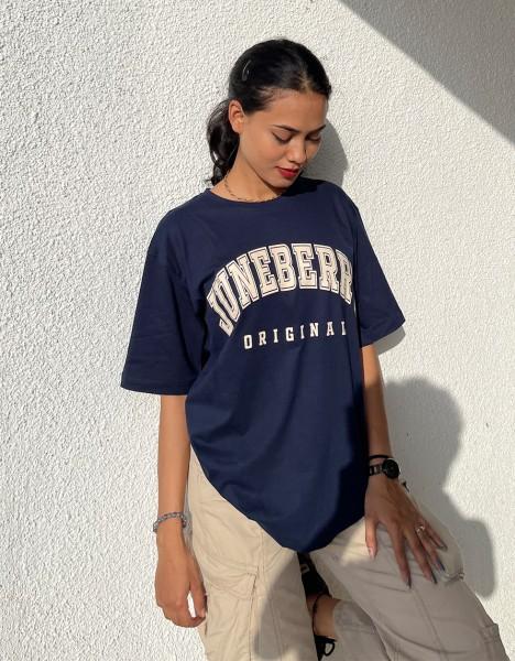 oversize women printed, typography round neck pure cotton navy blue t-shirt