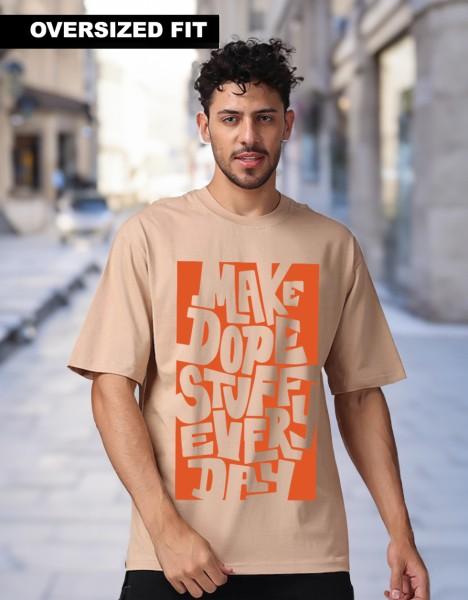 oversized men printed, typography round neck pure cotton beige t-shirt