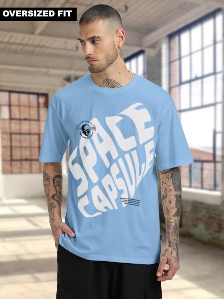 oversized men printed, typography round neck pure cotton blue t-shirt