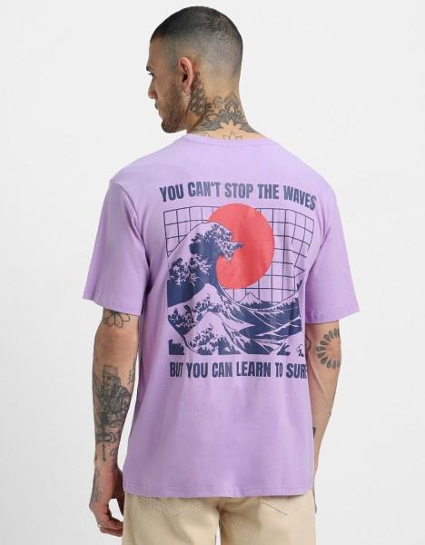 oversized men printed, typography round neck pure cotton purple t-shirt