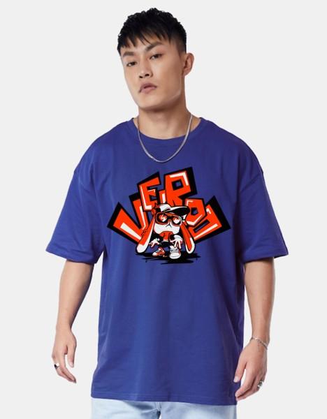 oversized men printed round neck pure cotton blue t-shirt