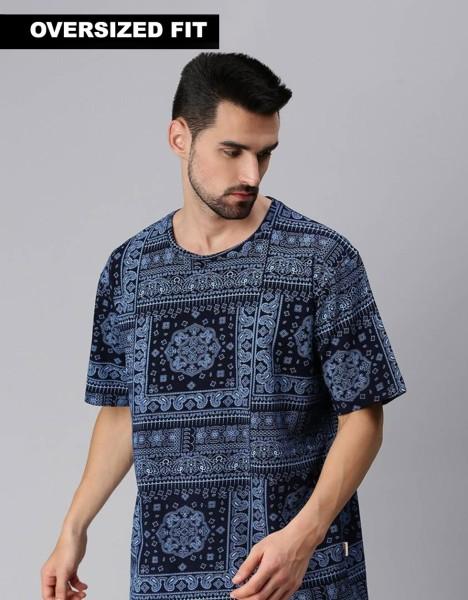 oversized men printed round neck pure cotton navy blue t-shirt