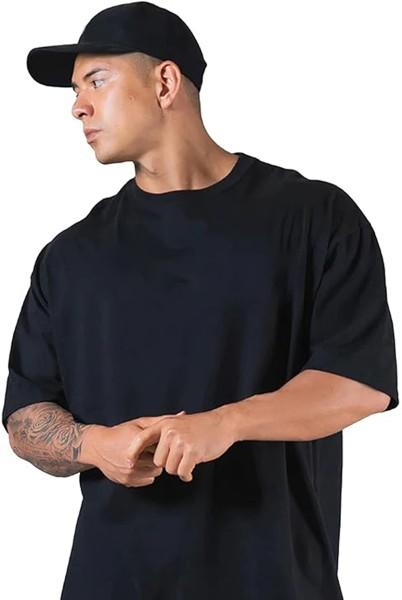 oversized men solid round neck pure cotton black t-shirt