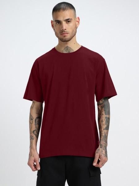 oversized men solid round neck pure cotton maroon t-shirt