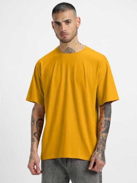 oversized men solid round neck pure cotton yellow t-shirt