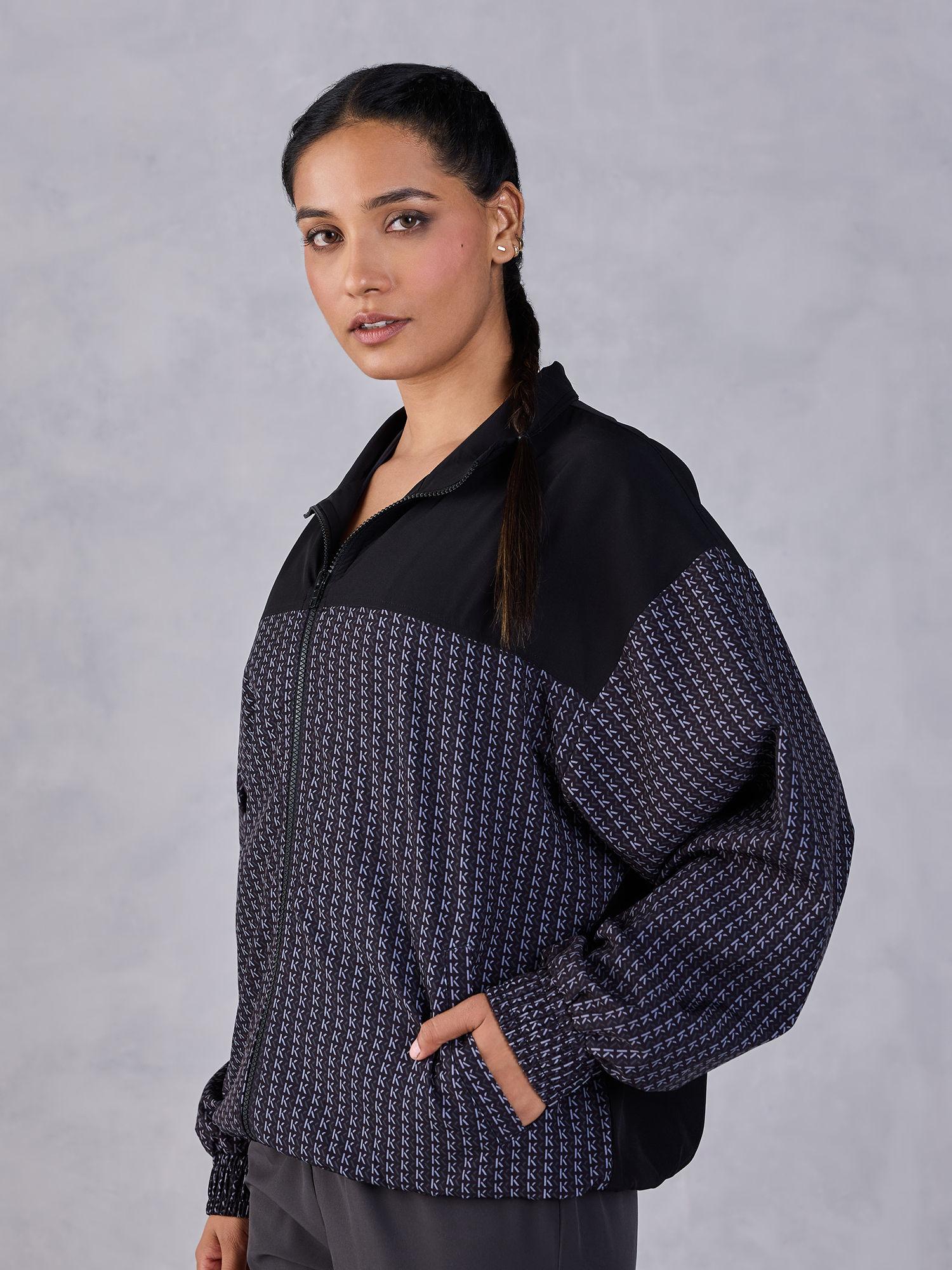 oversized printed bomber jacket with side pockets and colourblock panel