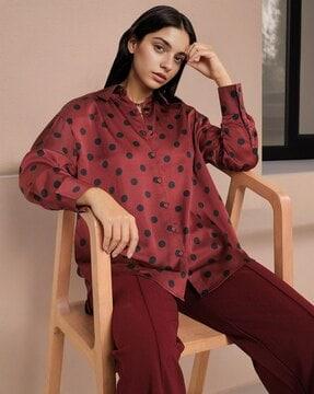 oversized satin shirt in polka-dot print