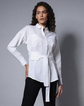 oversized shirt with waist tie-up & patch pockets