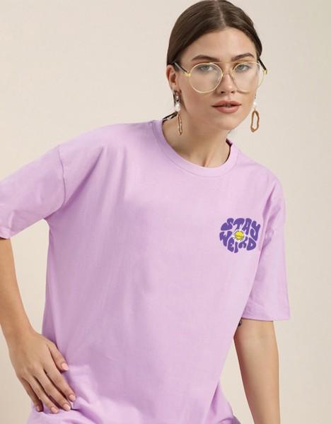 oversized women solid round neck pure cotton purple t-shirt