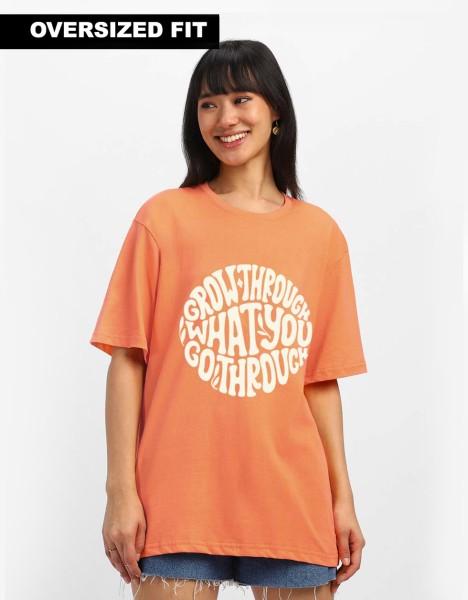 oversized women typography round neck pure cotton orange t-shirt