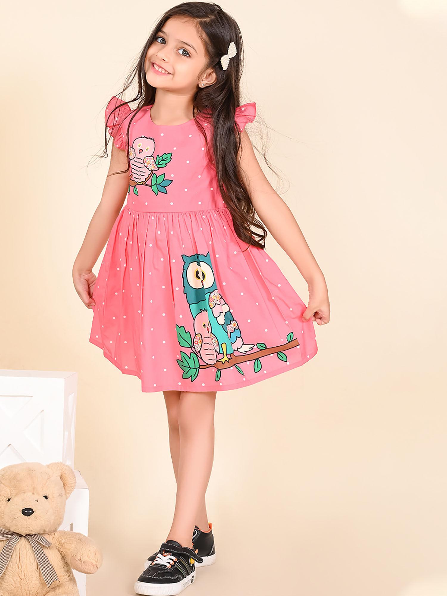 owl printed polka fit n flare dress pink