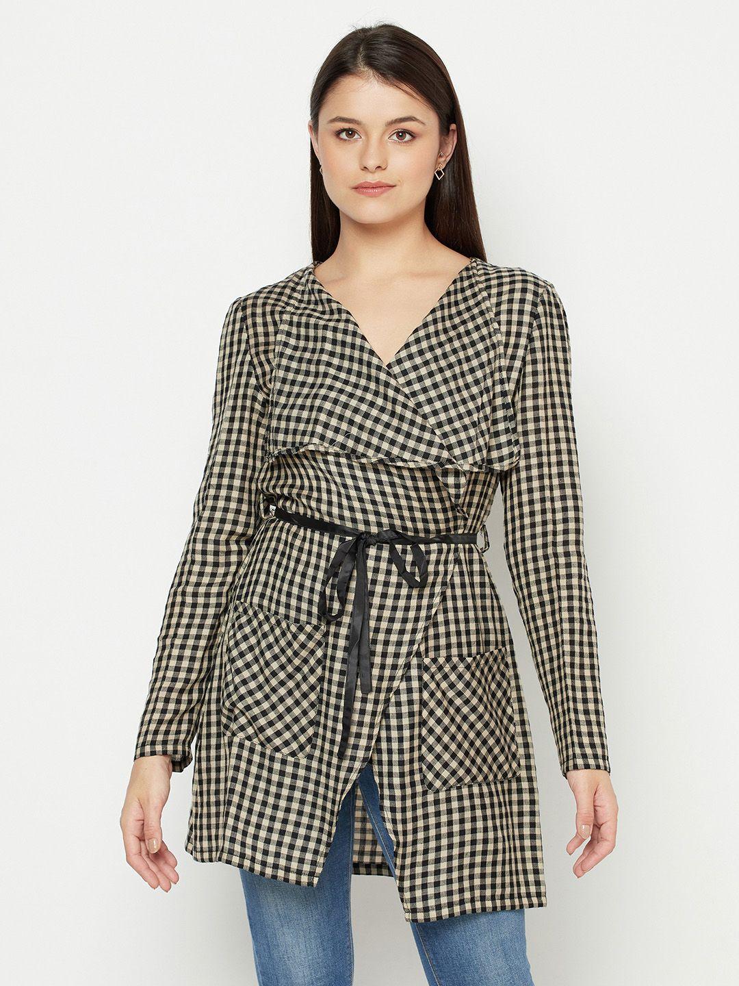 owncraft women black & beige checked single-breasted wool overcoat