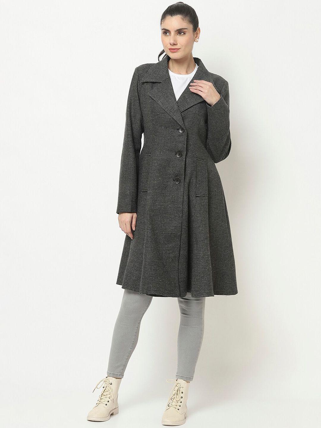 owncraft women black & grey self-design single-breasted overcoat