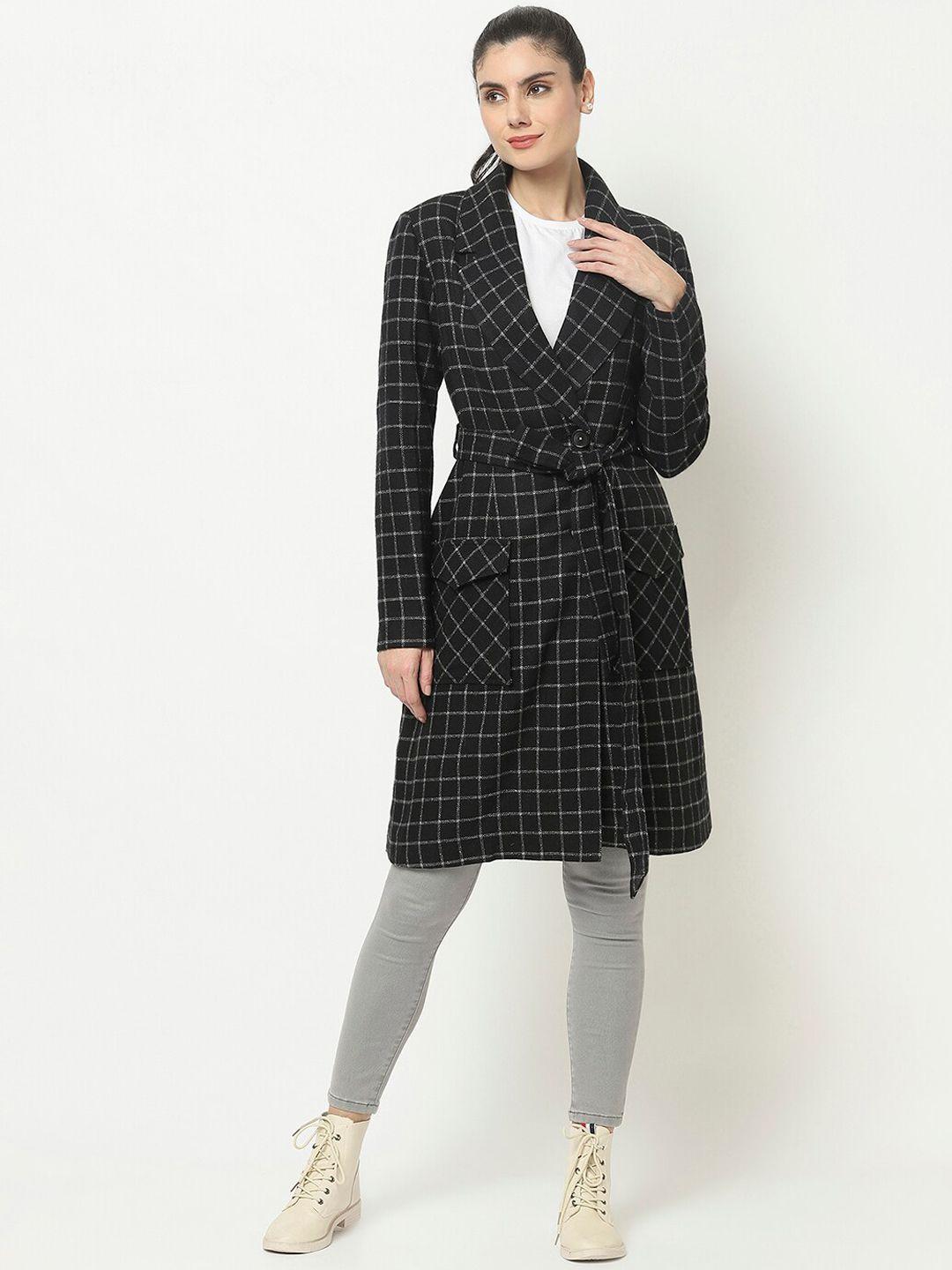 owncraft women black & white checked  single-breasted woolen trench coat with belt